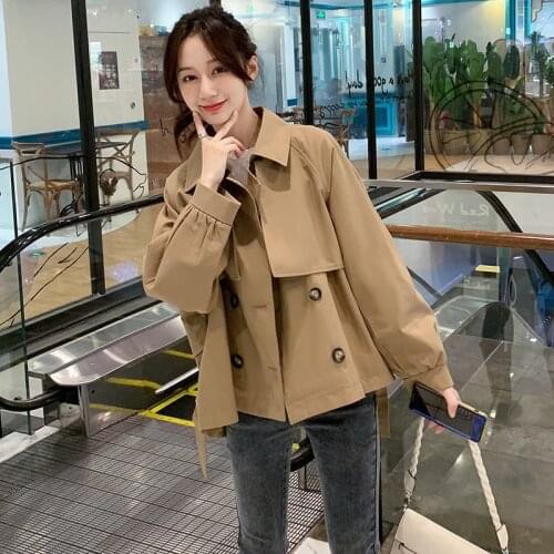 2021 Early Spring Autumn Windbreaker Womens Korean Fashion Short Casual Trench Coat Loose Thin Jacket Double Breasted Split Fork