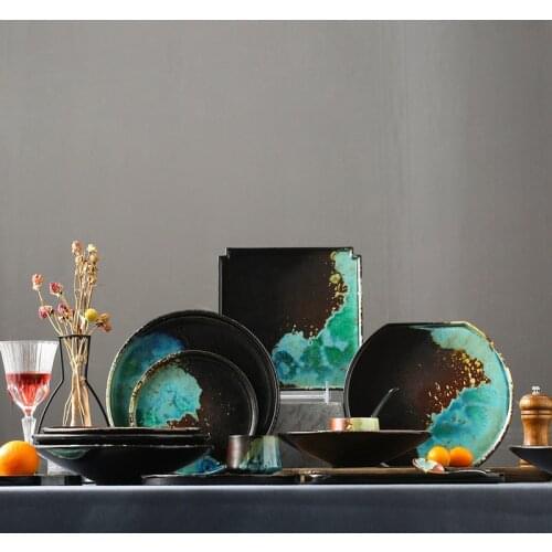 Japanese handmade dinner plates tea tray retro ceramic tableware set household bowl plate cup spoon set daily tableware