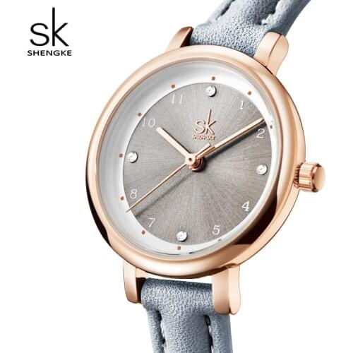 Simple Mimalism Womens Watch Rose Gold Top Brand SHENGKE Business Dress Wristwatch for Lady Genuine Leather Waterproof Clock