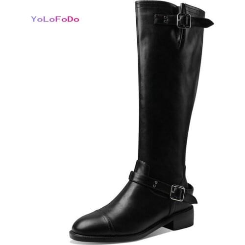 2021 Autumn Winter Women Knee High Boots Faux Leather Square Heel Boots Round Toe Buckle Women Motorcycle Boots Plus Size 43