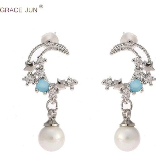 2018 New Fashion Pearl Moon Shape Clip on Earring and Fashion Long CZ Drop Pierced Earrings for Women Bridal Wedding Earrings