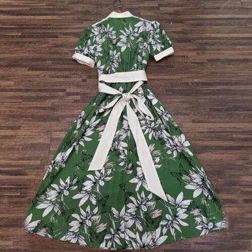 Fashion Women Green Runway 2021 High Qaulity V-Neck Flower Print Holiday Elegant Party Dress