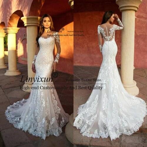 Custom Made Lace Mermaid Wedding Dresses Long Sleeve White Wedding Gown Sexy Vintage 2021 Bride Dress Robe de mariage