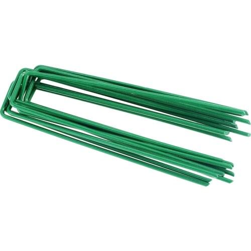 50pcs/lot 3.5*15cm Green Spray U Shape Galvanized Steel Garden Stakes Staple Securing Pegs