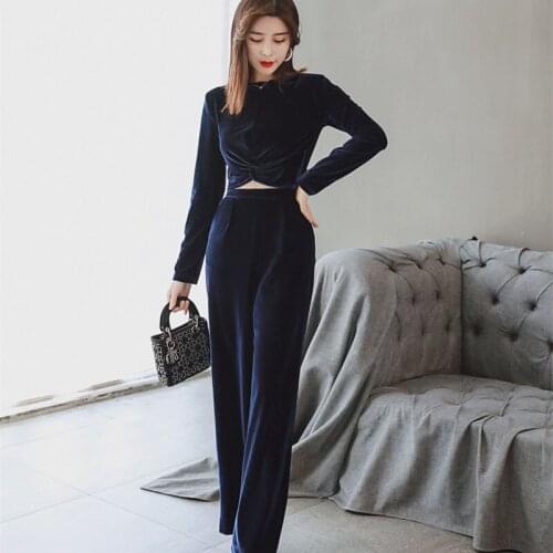 2020 Solid Long Sleeve Velvet Blouse and Wide Leg Pants Women Elegant Vintage 2 Piece Set Autumn Winter Two Piece Set for Women