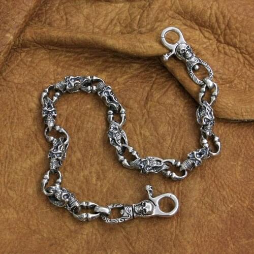 Huge Skull KeyChain 925 Sterling Silver Mens Biker Punk Wallet Chain TA263WC