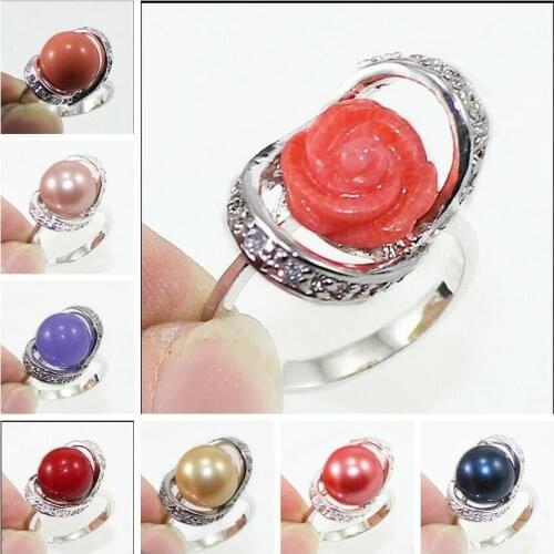 Wholesale 12mm South Sea shell pearl/Jade/Coral Bead Jewelry Ring Size 6 7 8 9