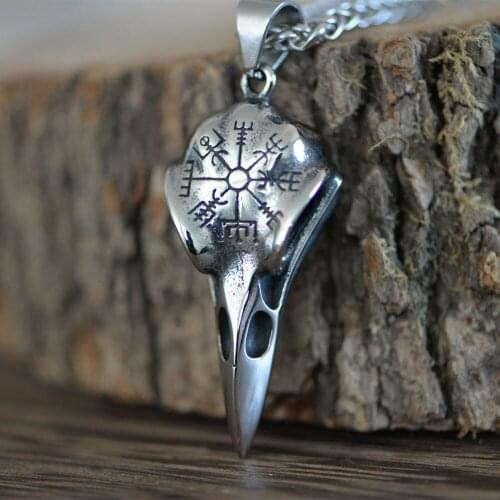 LANGHONG 1pcs Raven Necklace Stainless Steel Necklace Nordic Viking Skull Necklace For Men