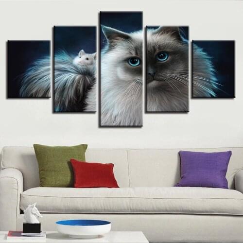 Artworks Posters Modular Canvas Paintings 5 Pieces Animals Cat And Small White Mouse Art Pictures HD Prints Wall Decor Home Room