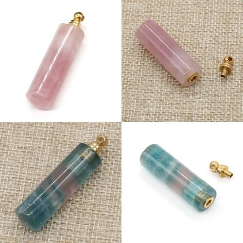 Natural Stone Crystal Agates Perfume Bottle Pendant Column Shape Rose Pink Quartz Essential Oil Vial DIY Necklace Jewelry Making