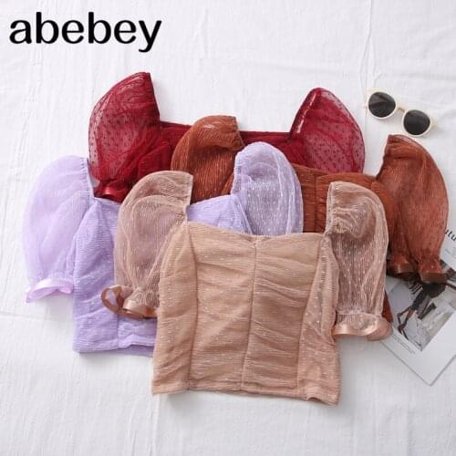 Sexy Women Square neck Lace See-through Polka Dot Puff short Sleeve Elastic Crop Top Female Blouse Shirts Evening Party clubwear