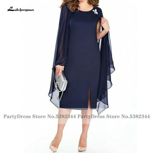 Lakshmigown Plus Size Mother of the Bridal/Groom Dress 2021 Robe Longue Knee Length Elegant Women Wedding Guest Dress with Cape