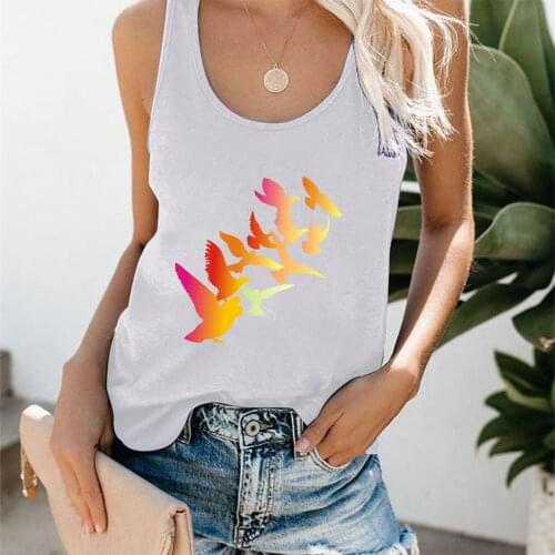 Harajuku Shirt Birds Print Funny Women Tank Top New Fashion Summer Loose Vest O-neck Sleeveless Top Femme Ropa Mujer Streetwear
