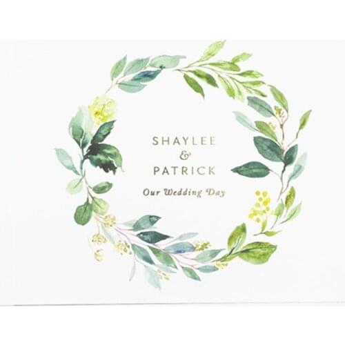 Wedding Guest Book, Real Gold Foi Engagement l Horizontal Wedding Guestbook with Boho Wreath, Hardcover birthday Photo Booth