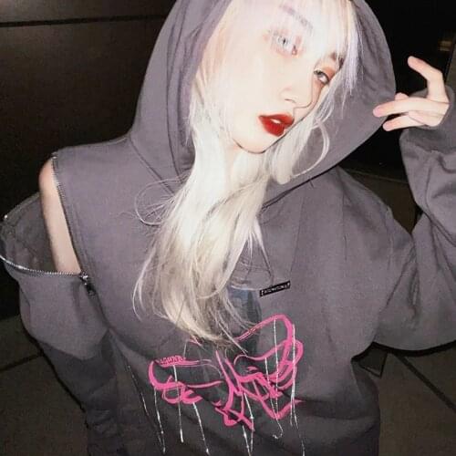 Harajuku Rhinestone chain Oversize Gothic Punk Butterfly Graphic Streetwear Pullover Hooded Hip-Hop Zip Off Shoulder Sweatshirt