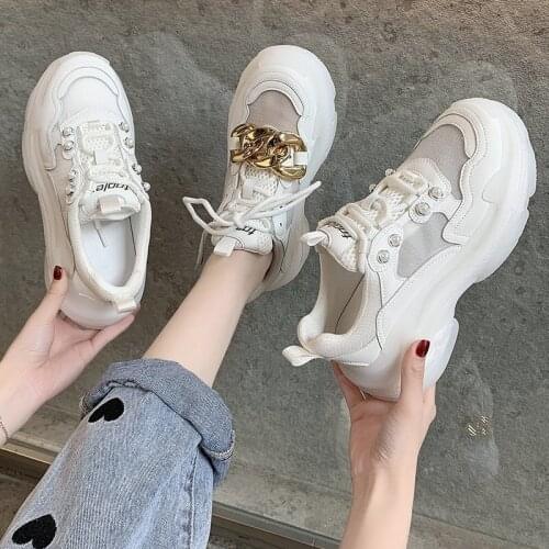Womens Sports Shoes Metal Chain Decoration Summer 2021 New Pearl Net Yarn Single Net Jelly Thick-soled Casual Sports Shoes
