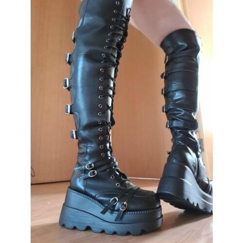Brand Design Big Size 43 Shoelaces Cosplay Motorcycles Boots Buckles Platform Wedges High Heels Thigh High Boots Women Shoes
