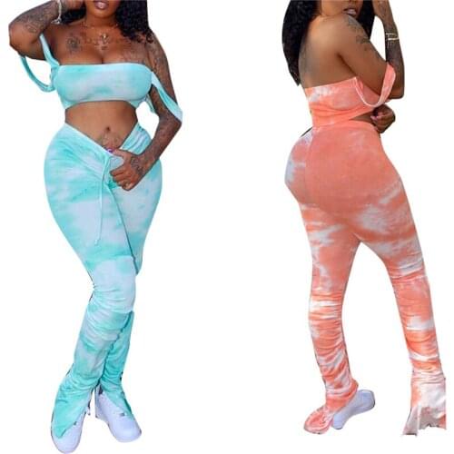 2020 New Sexy Women Summer Sets Clothes Off Shoulder Tops+ High Waist Trousers Tie-Dye Printed Two-Piece Suit