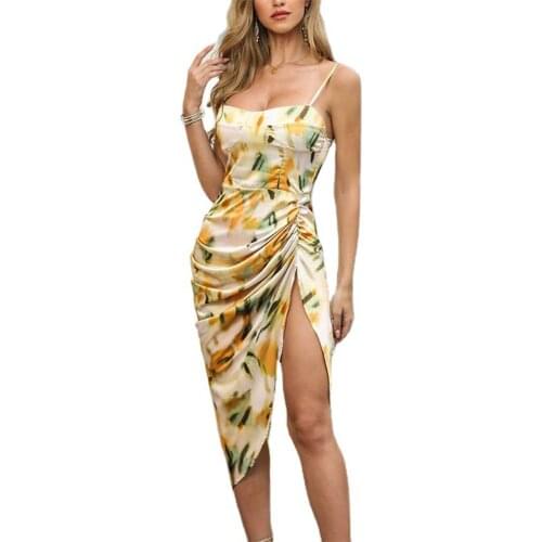 Spaghetti Straps Short Dress Women 2021 Sexy Backless Fashion Elegant Boho Print Slit Maxi Dress Women French Romantic