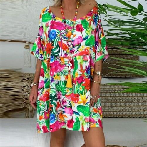 Women Summer Dress Boho Style Plus Size Women Fashion Floral Print O Neck Elbow Sleeve Summer Loose Mini Party Dress Beach Dress