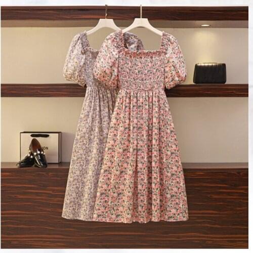 2021 Summer Vintage Plus Size Floral Chiffon Loose Midi Dress With Ruffle Women Puff Sleeve Elegant Square Neck Dresses
