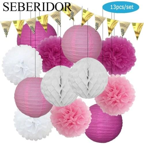 13pcs/set Wedding Anniversary Decor Rose Pink Paper Lantern Tissue Pompoms White Honeycomb Ball Baby Shower Birthday Party Favor