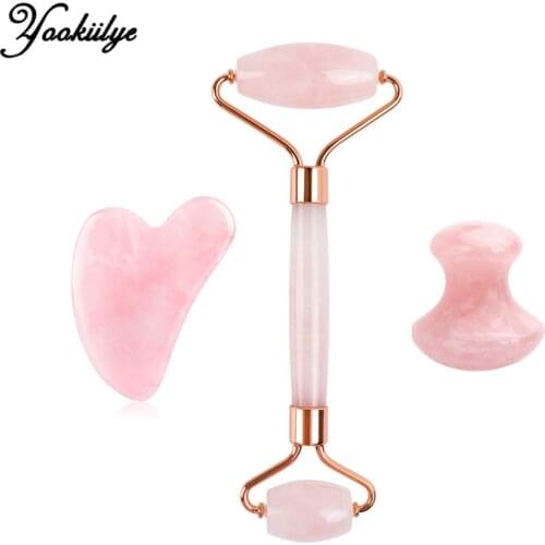 3Pcs/Set Natural Rose Quartz Jade Roller Real Jade Gua Sha Board Mushroom Massager Face Lifting Tool Facial Guasha Massage Kit