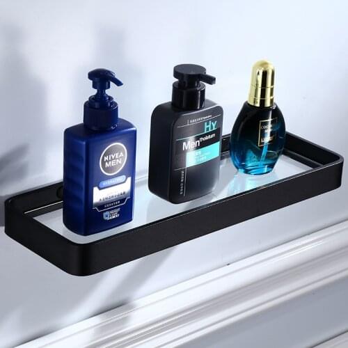Bathroom Shelf Aluminum Black Wall Mounted Bathroom Corner Shelf Bathroom Accessory Storage Organizer Rack Holder Glass Shelf