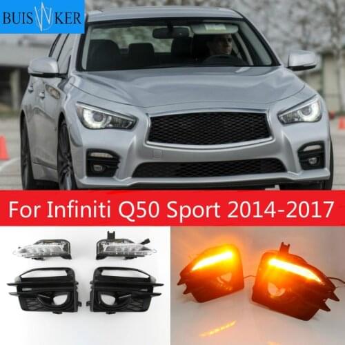 Car Front Fog Lights Grille Cover + LED Daytime Running Light Lamp For Infiniti Q50 Sport 2014-2017 Signal day lights