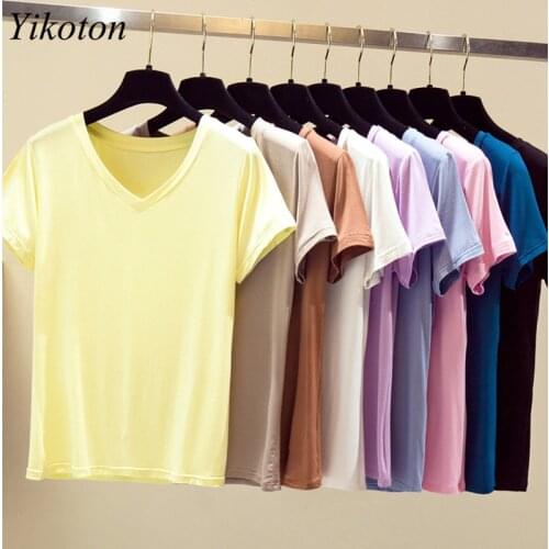 Basic T-Shirt Women Summer Cotton Shirts O-Neck Plus Size Short Sleeve T-Shirts Top Female Clothing Solid Color V-Neck Tee Bluas