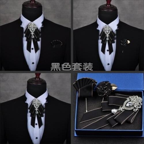 Free Shipping mens male fashion diamond high-end bow groom groomsmen wedding collar accessories tie rose brooch Pocket towel set