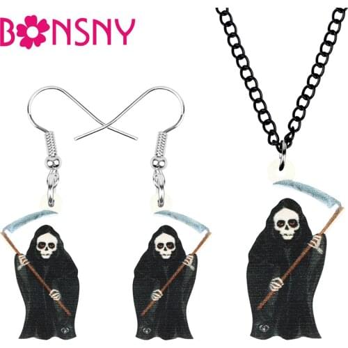 Bonsny Acrylic Halloween Black Grim Reaper Jewelry Sets Printing Long Necklace Earrings For Women Girls Festival Gift Decoration