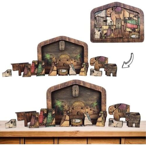 Wooden Nativity Puzzle Wood Burned Design Jesus Puzzle Nativity Game Set Ornament Home Decoration Supplies Christian Plaques