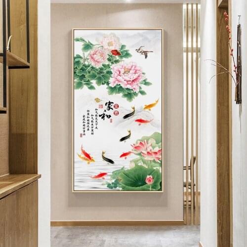Chinese Lucky Koi Lotus Flower Canvas Poster Print Canvas Painting Decorative Picture for Living Room Home Decortion Unstretched