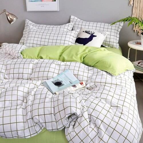 Bedding Set with Fitted Sheet Duvet Cover Pillowcase Grid Bed Linen Flowers Cartoon Home Hostal Bedclothes