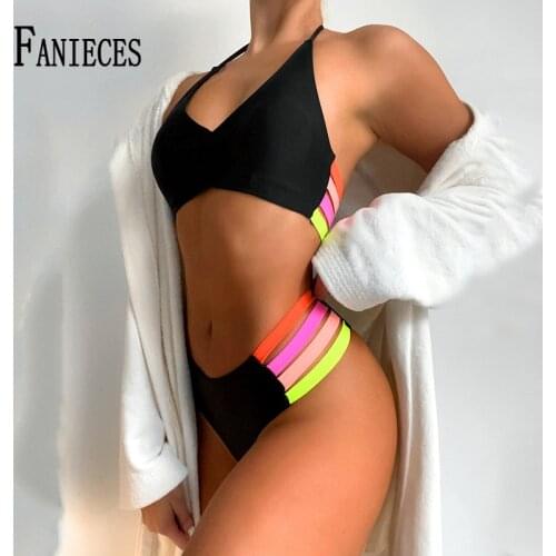 FANIECES Sexy Halter Neck Bandage Bikini Set Women Bathing Suit Fashion Colorful Striped Beach Wear Two Pieces Set Swimsuit