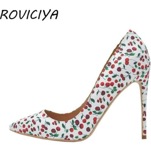 Red Cherry Print Sexy Pumps 12 cm High Heels Woman Shoes Party Wedding Shoes Pointed Toe PU Leather White YG007 ROVICIYA