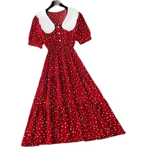 Sweet Doll Collar Chiffon Dresses 2021 summer Elastic High Waist Floral Print Mid-length Dress Elegant Slim Pleated Women Dress