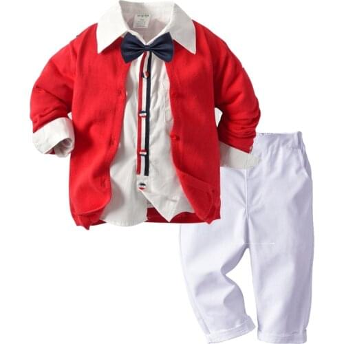 2 3 4 5 6 Years Boys Clothing Toddle Kids Knitting Sets Red Sweater Coat + Shirt + Pants Children Fall Costume Fashion Clothing