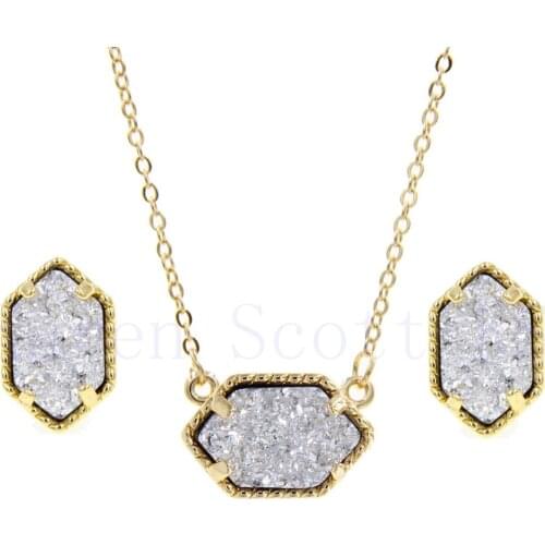 Oval Resin Druzy Drusy Necklace Stud Earrings Jewelry Set Hexagon Gold Colour Fashion Brand Women Wedding Party Jewelry