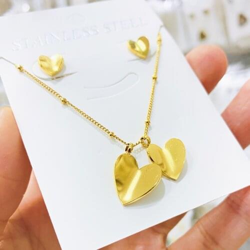 Romantic Titanium Stainless Steel Set Lovely Heart Charm Necklaces Earrings Jewelry 3D Pendant Snake Chain Necklace For Women