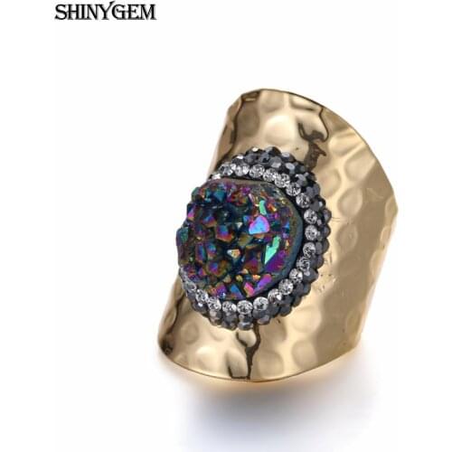 ShinyGem Sparkling Irregular Rainbow Crystal Druzy Finger Rings Gold Plating Exaggerated Big Natural Stone Rings For Women 5PCS