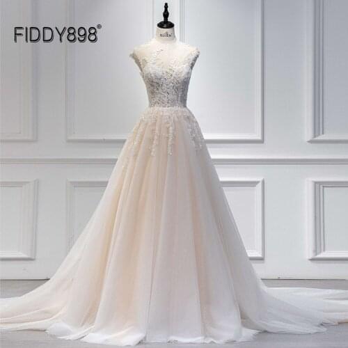 FIDDY898 ChampagneLace Wedding Dresses Elegant Beaded Bridal Gowns Vestido de Novia Boho Weddding Dress for Bride Chapel Train