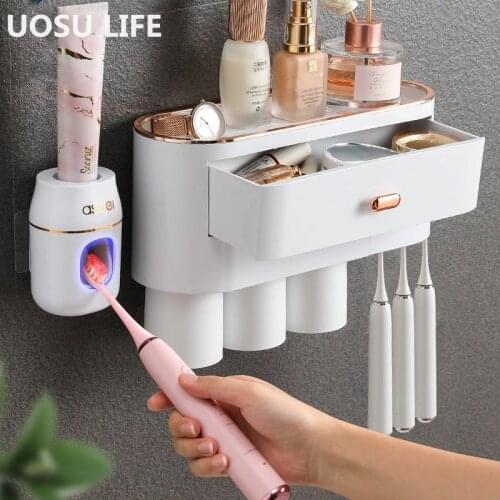 UOSU Light Luxury Magnetic Toothbrush Holder Automatic Toothpaste Squeezer Toothpaste Dispenser Home Bathroom Accessories Set