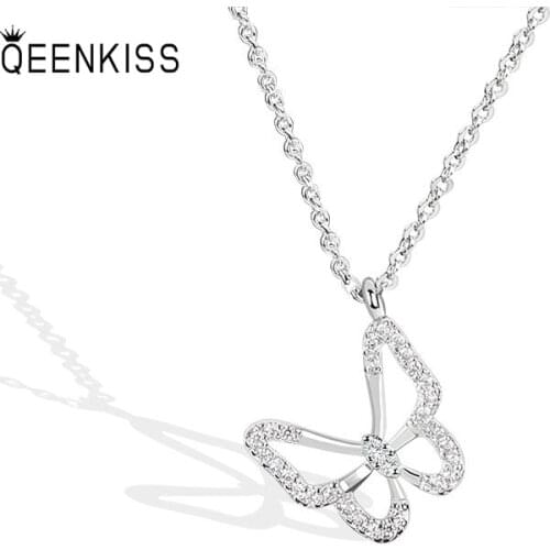QUEENKISS NC644 Fion Jewelry Wholesale Fashion Lady Girl Birthday Wedding AAA Zircon Butterfly 18KT White Gold Pendant Necklace