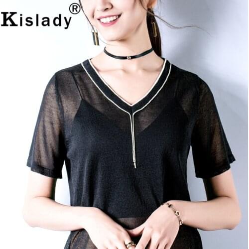 2020 Summer Transparent Sexy V Neck Women Shirts Patchwork Harajuku Black Round Neck T Shirt Hot Contrast Color Korean Clothes