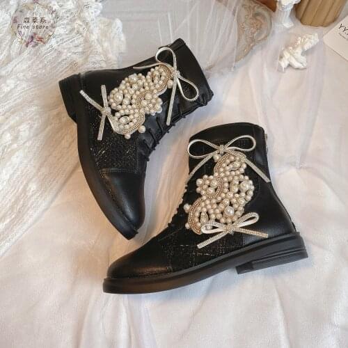 Pearl Martin boots womens 2021 new fashion bow diamond boots thick-soled motorcycle boots