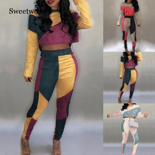 2020 Fashion Womens Patchwork 2 PC Jumpsuits Long Sleeve Crop Top Bodycon Pant Outfit Tracksuits Sports Sets Gym Workout