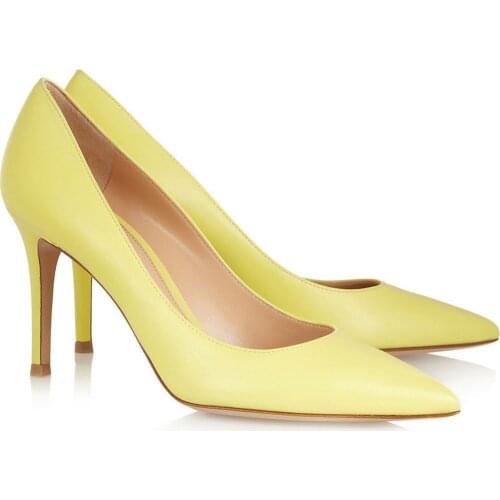 High Heels Womens Shoes Summer Slip-on Thin Heel Lady Office Shoe Pointed Toe Pumps Classics Yellow Sandalias Zapatos Mujer