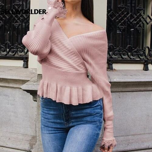 Women Casual V-neck Solid Pink Long Sleeve Knitted Sweater Elegant 2020 Autumn Ladies Sweater Tops